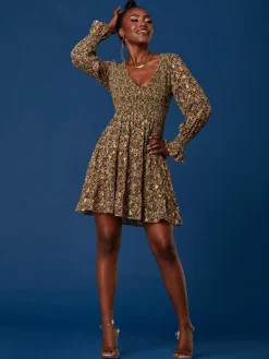 Jolie Moi Occasion Dresses|Floral Dresses-V Neck Shirred Detail Chiffon Dress, Green Floral