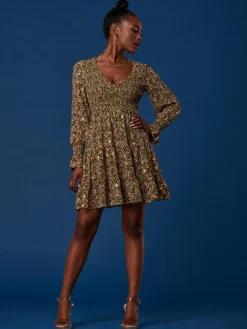 Jolie Moi Occasion Dresses|Floral Dresses-V Neck Shirred Detail Chiffon Dress, Green Floral