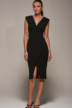 Jolie Moi Jersey Dresses|Wrap Dresses-V-Neck Split Hem Bodycon Midi Dress, Black