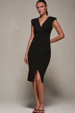 Jolie Moi Jersey Dresses|Wrap Dresses-V-Neck Split Hem Bodycon Midi Dress, Black