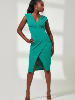 Jolie Moi Occasion Dresses|Sleeveless Dresses-V-Neck Split Hem Bodycon Midi Dress, Green