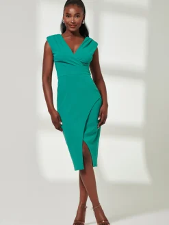 Jolie Moi Occasion Dresses|Sleeveless Dresses-V-Neck Split Hem Bodycon Midi Dress, Green