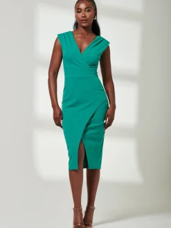 Jolie Moi Occasion Dresses|Sleeveless Dresses-V-Neck Split Hem Bodycon Midi Dress, Green