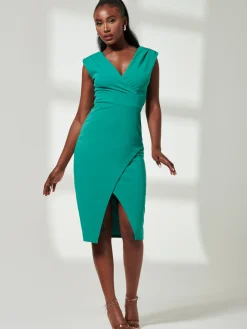 Jolie Moi Occasion Dresses|Sleeveless Dresses-V-Neck Split Hem Bodycon Midi Dress, Green