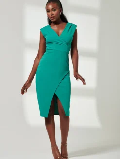 Jolie Moi Occasion Dresses|Sleeveless Dresses-V-Neck Split Hem Bodycon Midi Dress, Green