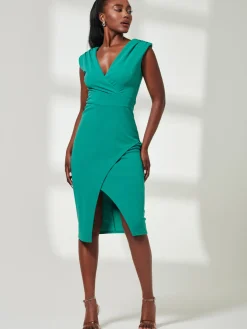 Jolie Moi Occasion Dresses|Sleeveless Dresses-V-Neck Split Hem Bodycon Midi Dress, Green