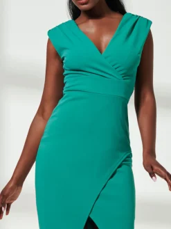 Jolie Moi Occasion Dresses|Sleeveless Dresses-V-Neck Split Hem Bodycon Midi Dress, Green