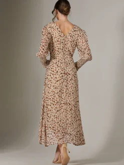 Jolie Moi Occasion Dresses|Floral Dresses-V Neck Tie Waist Puff Sleeve Maxi Dress, Brown Floral