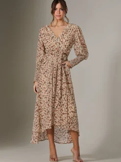 Jolie Moi Occasion Dresses|Floral Dresses-V Neck Tie Waist Puff Sleeve Maxi Dress, Brown Floral
