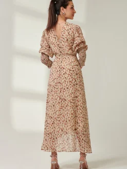 Jolie Moi Occasion Dresses|Floral Dresses-V Neck Tie Waist Puff Sleeve Maxi Dress, Brown Floral