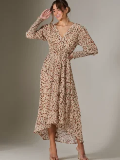 Jolie Moi Occasion Dresses|Floral Dresses-V Neck Tie Waist Puff Sleeve Maxi Dress, Brown Floral