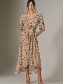 Jolie Moi Occasion Dresses|Floral Dresses-V Neck Tie Waist Puff Sleeve Maxi Dress, Brown Floral