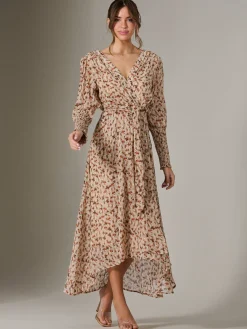 Jolie Moi Occasion Dresses|Floral Dresses-V Neck Tie Waist Puff Sleeve Maxi Dress, Brown Floral