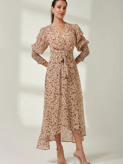 Jolie Moi Occasion Dresses|Floral Dresses-V Neck Tie Waist Puff Sleeve Maxi Dress, Brown Floral