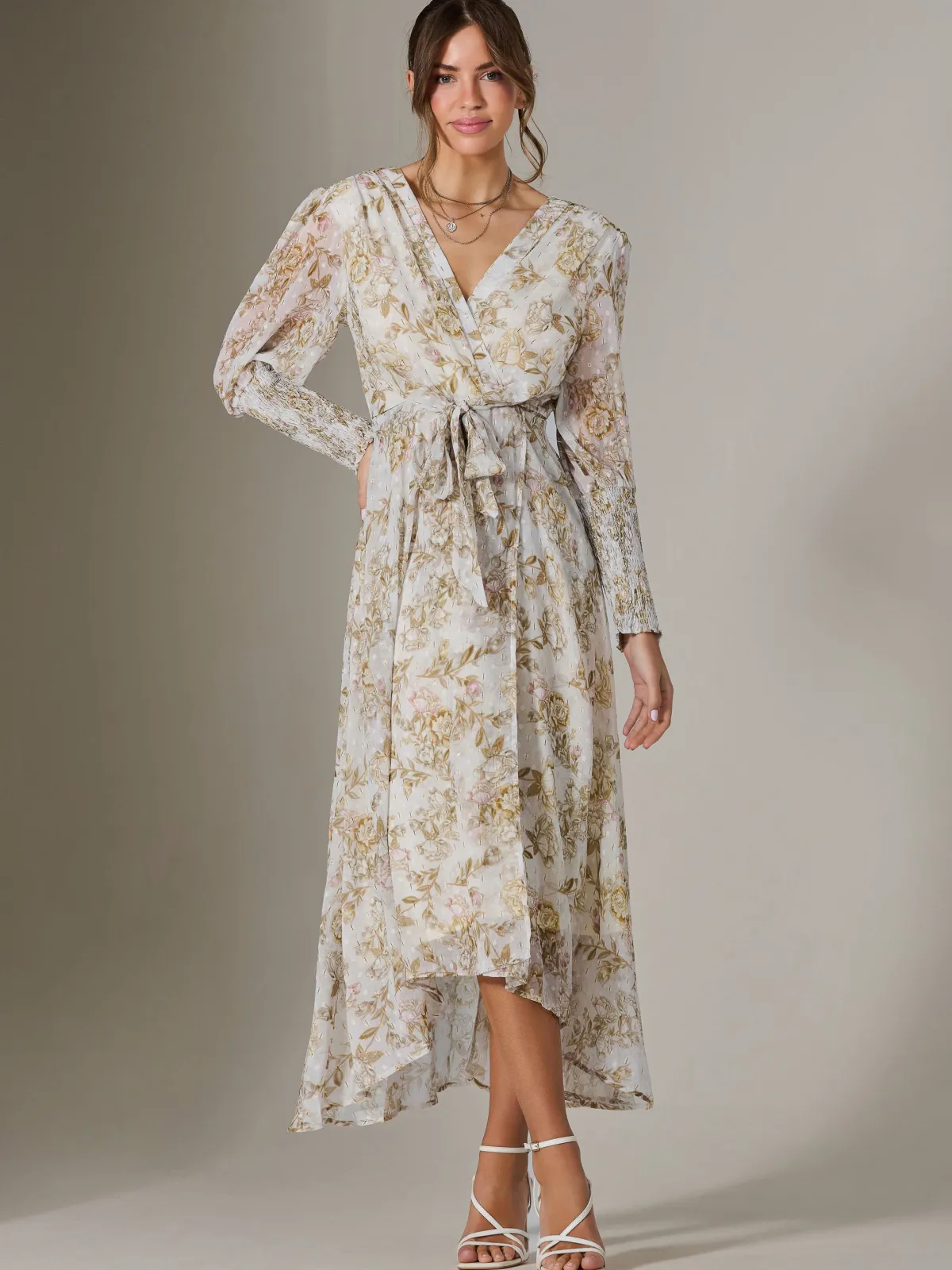Jolie Moi Occasion Dresses|Weekend Casuals-V Neck Tie Waist Puff Sleeve Maxi Dress, Cream Floral