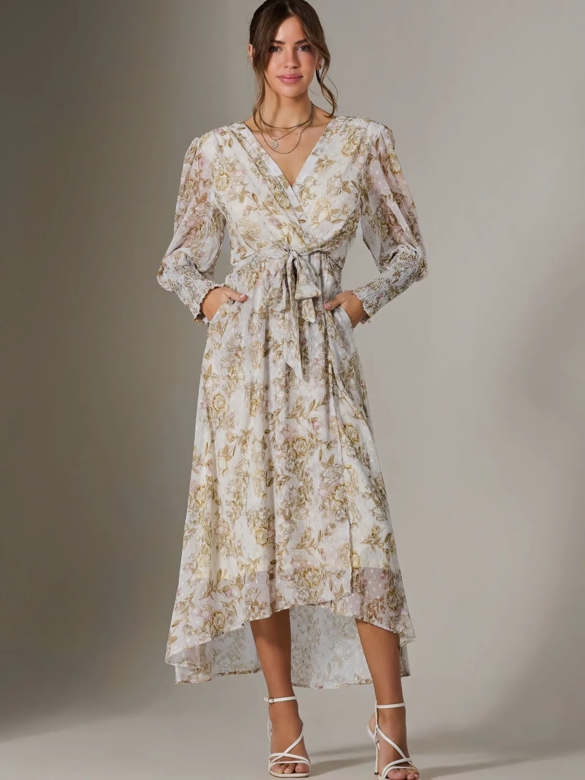 Jolie Moi Occasion Dresses|Weekend Casuals-V Neck Tie Waist Puff Sleeve Maxi Dress, Cream Floral