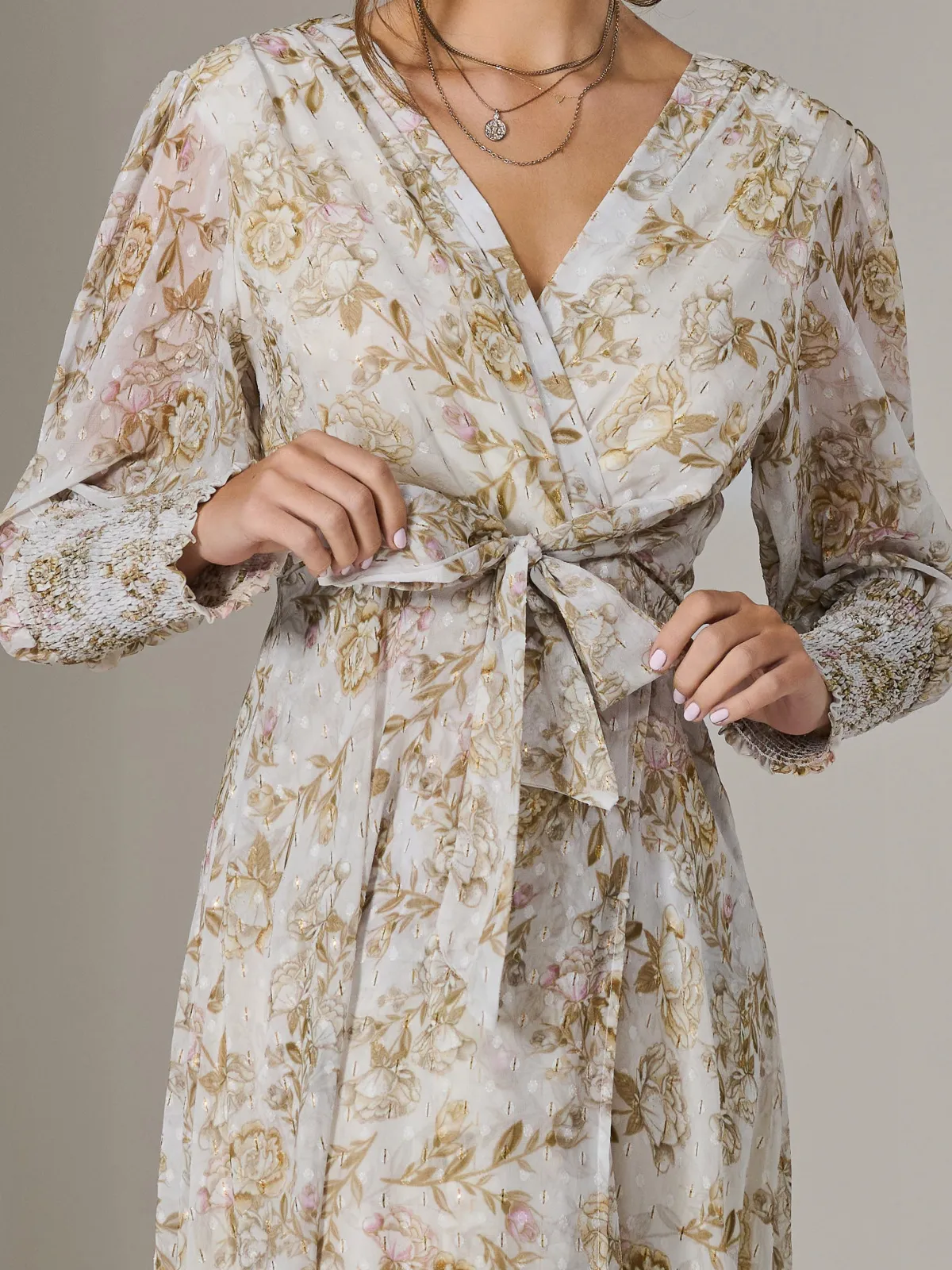 Jolie Moi Occasion Dresses|Weekend Casuals-V Neck Tie Waist Puff Sleeve Maxi Dress, Cream Floral