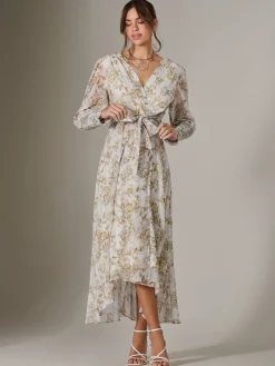 Jolie Moi Occasion Dresses|Weekend Casuals-V Neck Tie Waist Puff Sleeve Maxi Dress, Cream Floral