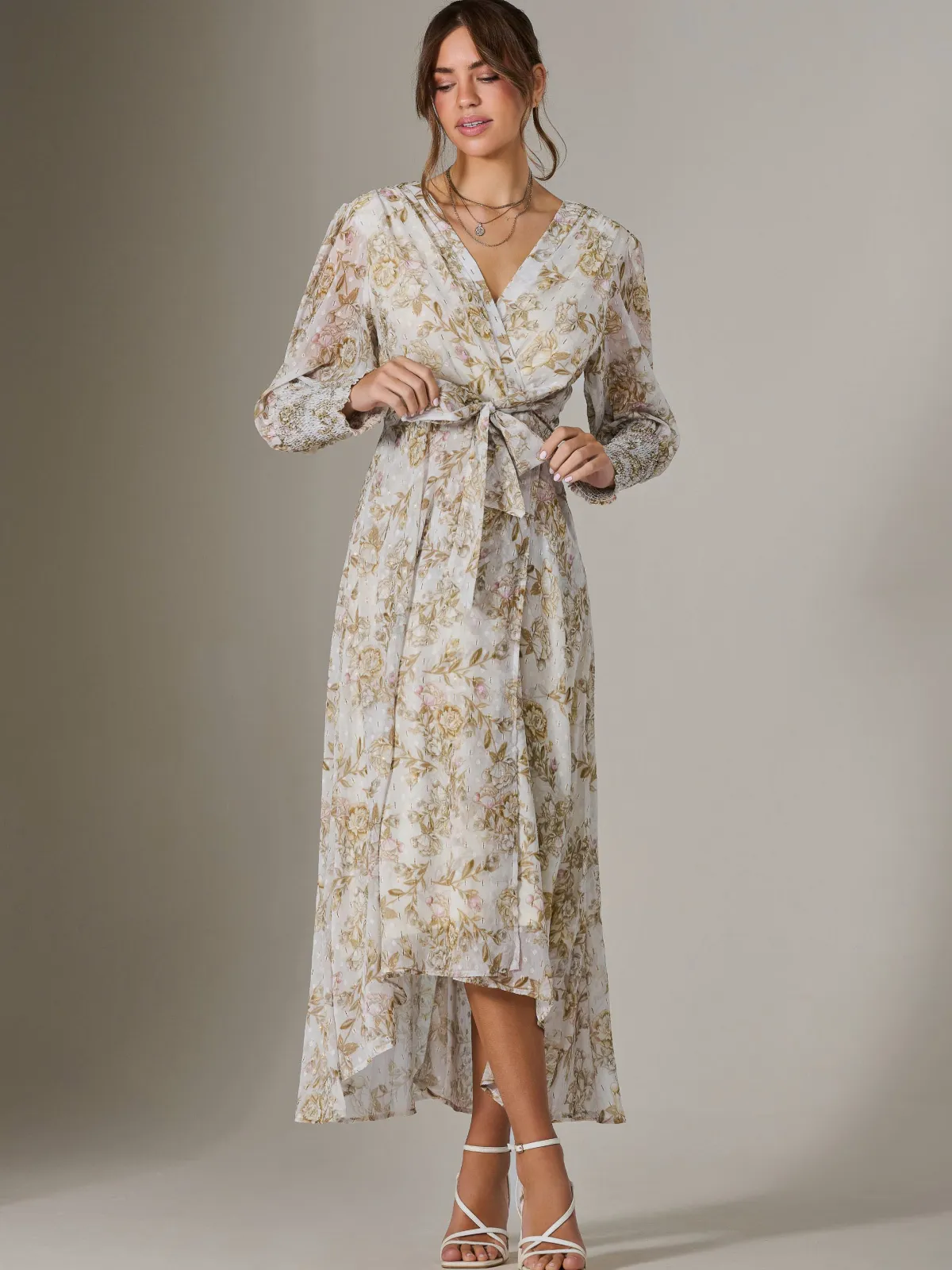 Jolie Moi Occasion Dresses|Weekend Casuals-V Neck Tie Waist Puff Sleeve Maxi Dress, Cream Floral