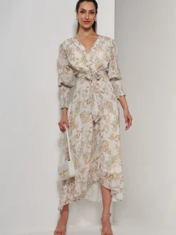 Jolie Moi Occasion Dresses|Weekend Casuals-V Neck Tie Waist Puff Sleeve Maxi Dress, Cream Floral