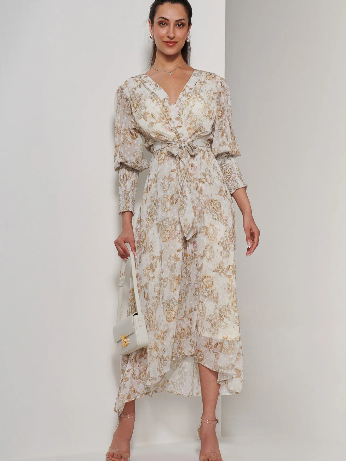 Jolie Moi Occasion Dresses|Weekend Casuals-V Neck Tie Waist Puff Sleeve Maxi Dress, Cream Floral