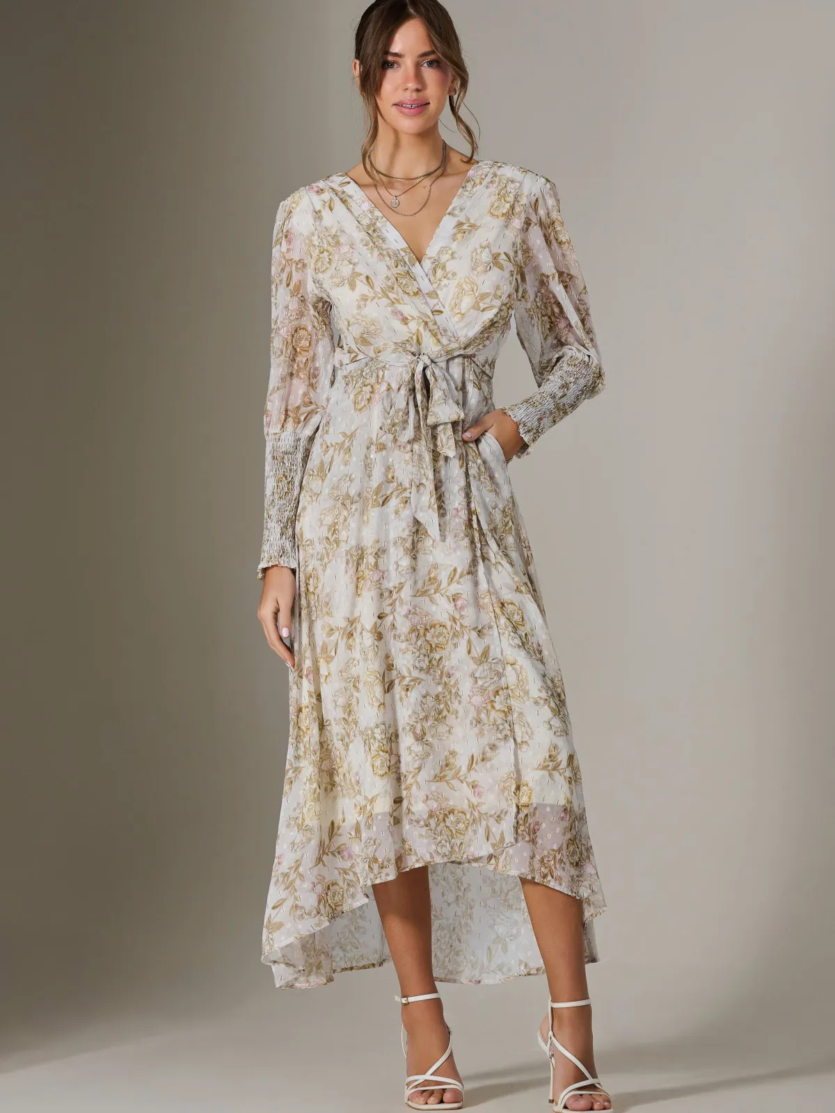 Jolie Moi Occasion Dresses|Weekend Casuals-V Neck Tie Waist Puff Sleeve Maxi Dress, Cream Floral