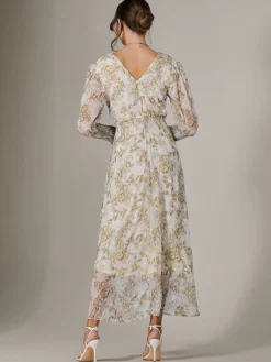 Jolie Moi Occasion Dresses|Weekend Casuals-V Neck Tie Waist Puff Sleeve Maxi Dress, Cream Floral