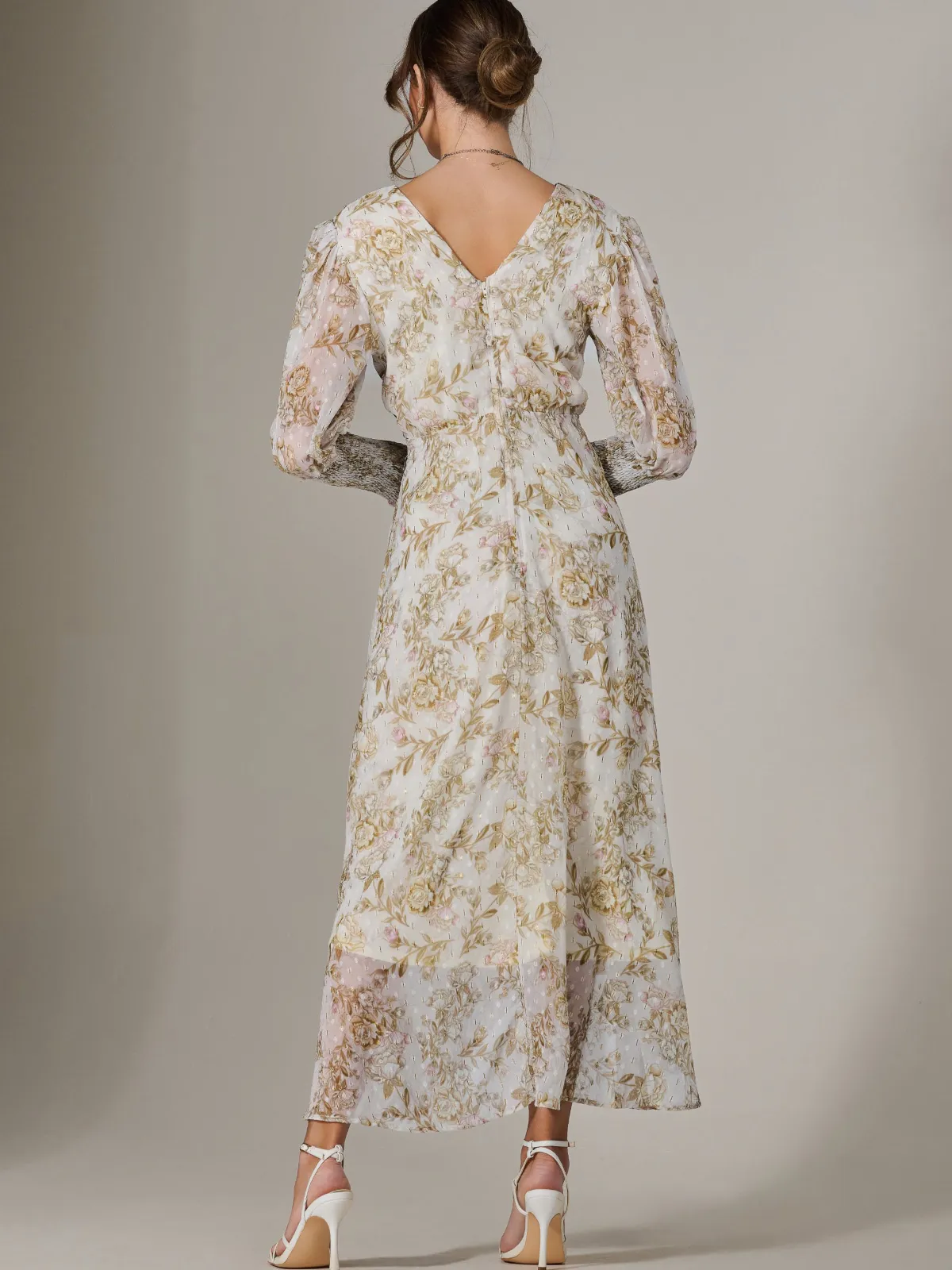 Jolie Moi Occasion Dresses|Weekend Casuals-V Neck Tie Waist Puff Sleeve Maxi Dress, Cream Floral