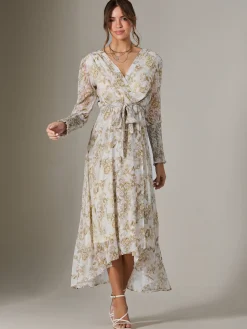 Jolie Moi Occasion Dresses|Weekend Casuals-V Neck Tie Waist Puff Sleeve Maxi Dress, Cream Floral