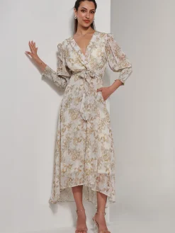 Jolie Moi Occasion Dresses|Weekend Casuals-V Neck Tie Waist Puff Sleeve Maxi Dress, Cream Floral