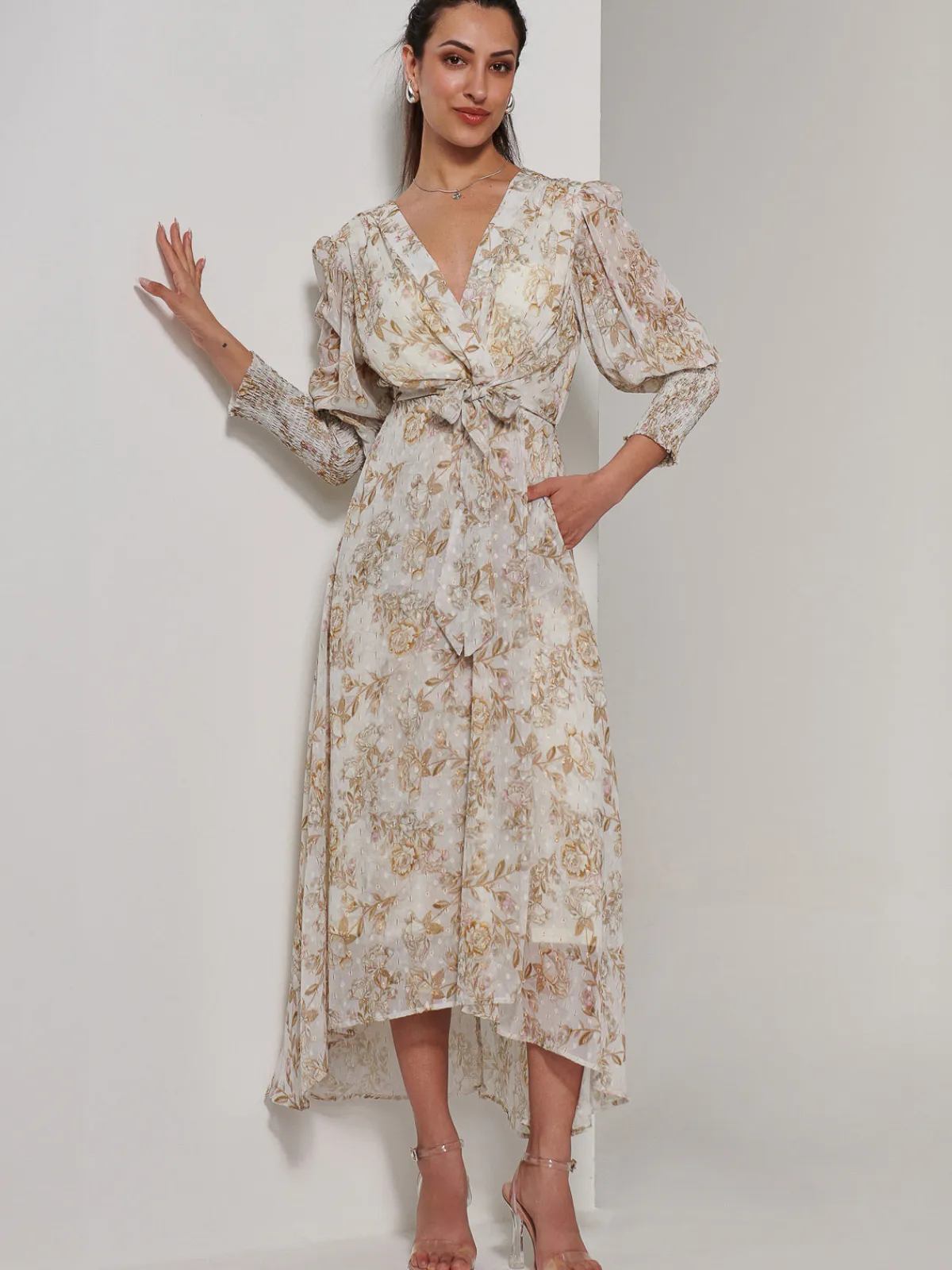 Jolie Moi Occasion Dresses|Weekend Casuals-V Neck Tie Waist Puff Sleeve Maxi Dress, Cream Floral