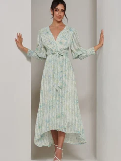 Jolie Moi Occasion Dresses|Floral Dresses-V Neck Tie Waist Puff Sleeve Maxi Dress, Green Abstract
