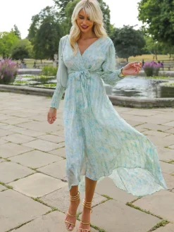 Jolie Moi Occasion Dresses|Floral Dresses-V Neck Tie Waist Puff Sleeve Maxi Dress, Green Abstract