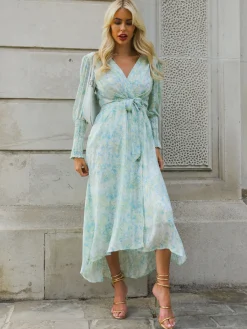 Jolie Moi Occasion Dresses|Floral Dresses-V Neck Tie Waist Puff Sleeve Maxi Dress, Green Abstract
