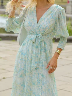 Jolie Moi Occasion Dresses|Floral Dresses-V Neck Tie Waist Puff Sleeve Maxi Dress, Green Abstract
