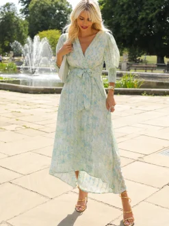 Jolie Moi Occasion Dresses|Floral Dresses-V Neck Tie Waist Puff Sleeve Maxi Dress, Green Abstract