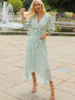 Jolie Moi Occasion Dresses|Floral Dresses-V Neck Tie Waist Puff Sleeve Maxi Dress, Green Abstract