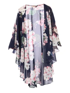 Jolie Moi Tops-Waterfall Chiffon Shawl, Navy Floral
