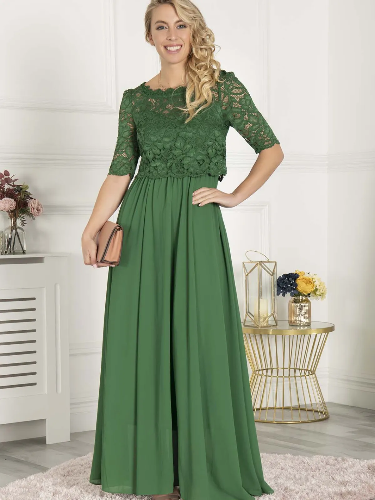 Jolie Moi Occasion Dresses|Mother Of The Bride-Wendy Lace Overlay Maxi Dress, Green