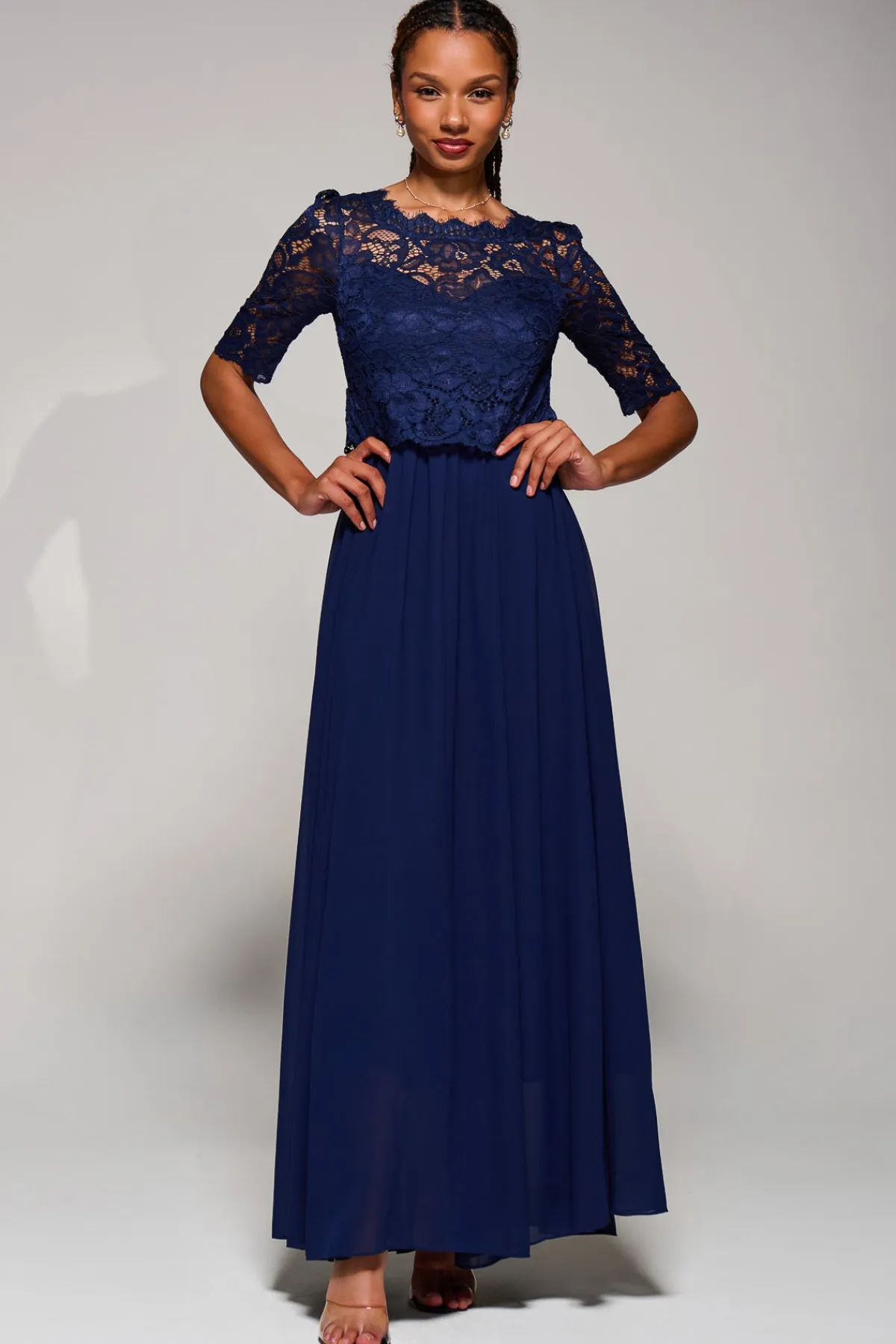 Jolie Moi Occasion Dresses|Mother Of The Bride-Wendy Lace Overlay Maxi Dress, Navy