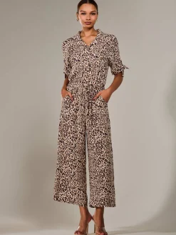 Jolie Moi Jumpsuits-Wide Leg Half Sleeve Jumpsuit, Brown Leopard