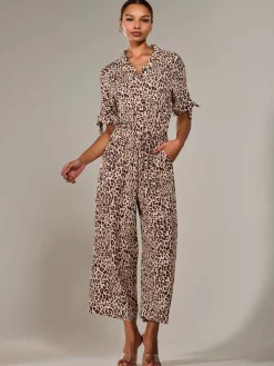 Jolie Moi Jumpsuits-Wide Leg Half Sleeve Jumpsuit, Brown Leopard