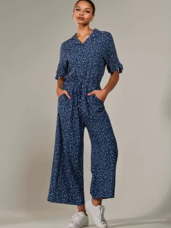Jolie Moi Jumpsuits-Wide Leg Half Sleeve Jumpsuit, Navy Spot