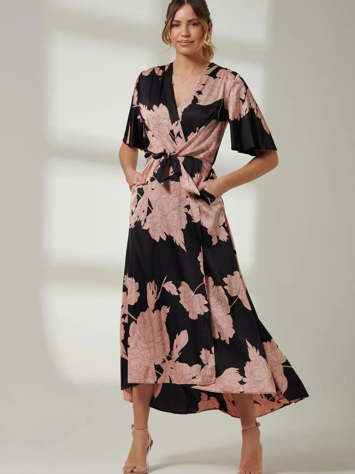 Jolie Moi Occasion Dresses|Floral Dresses-Willow Satin Wrap Tie Waist Dress, Black Pink Floral