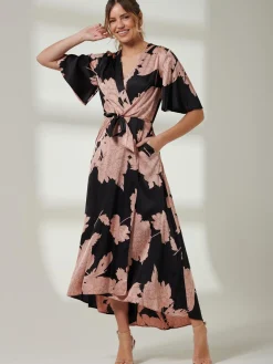 Jolie Moi Occasion Dresses|Floral Dresses-Willow Satin Wrap Tie Waist Dress, Black Pink Floral