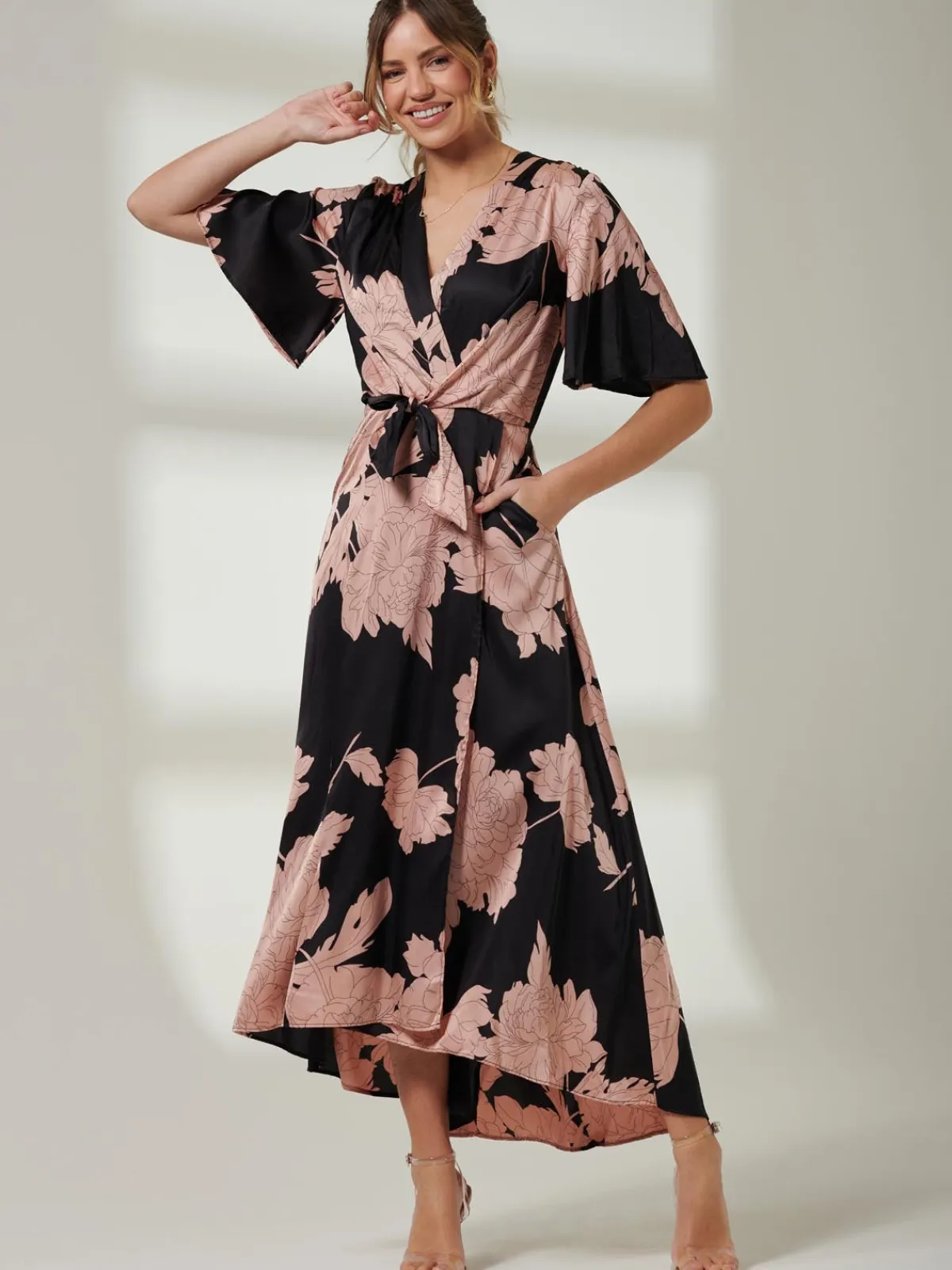 Jolie Moi Occasion Dresses|Floral Dresses-Willow Satin Wrap Tie Waist Dress, Black Pink Floral