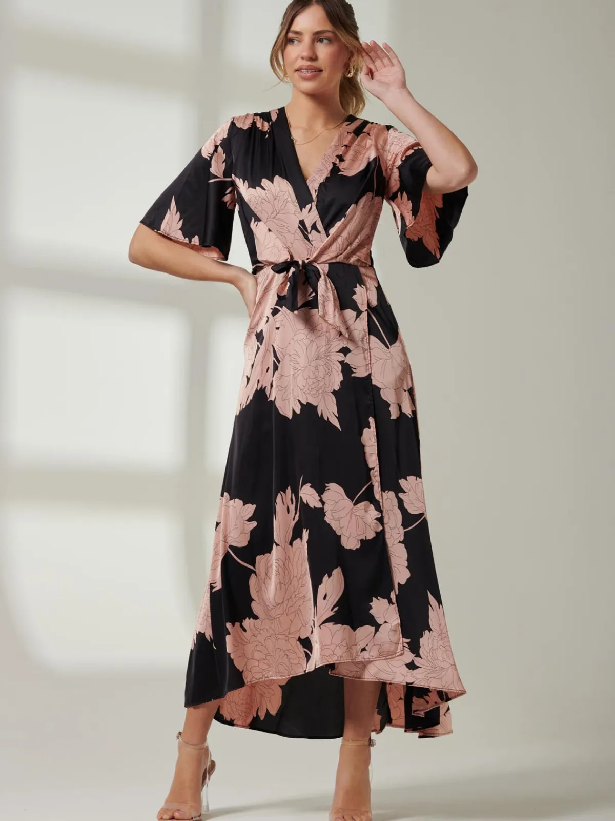 Jolie Moi Occasion Dresses|Floral Dresses-Willow Satin Wrap Tie Waist Dress, Black Pink Floral