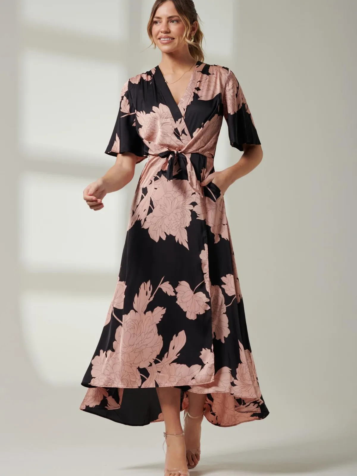 Jolie Moi Occasion Dresses|Floral Dresses-Willow Satin Wrap Tie Waist Dress, Black Pink Floral