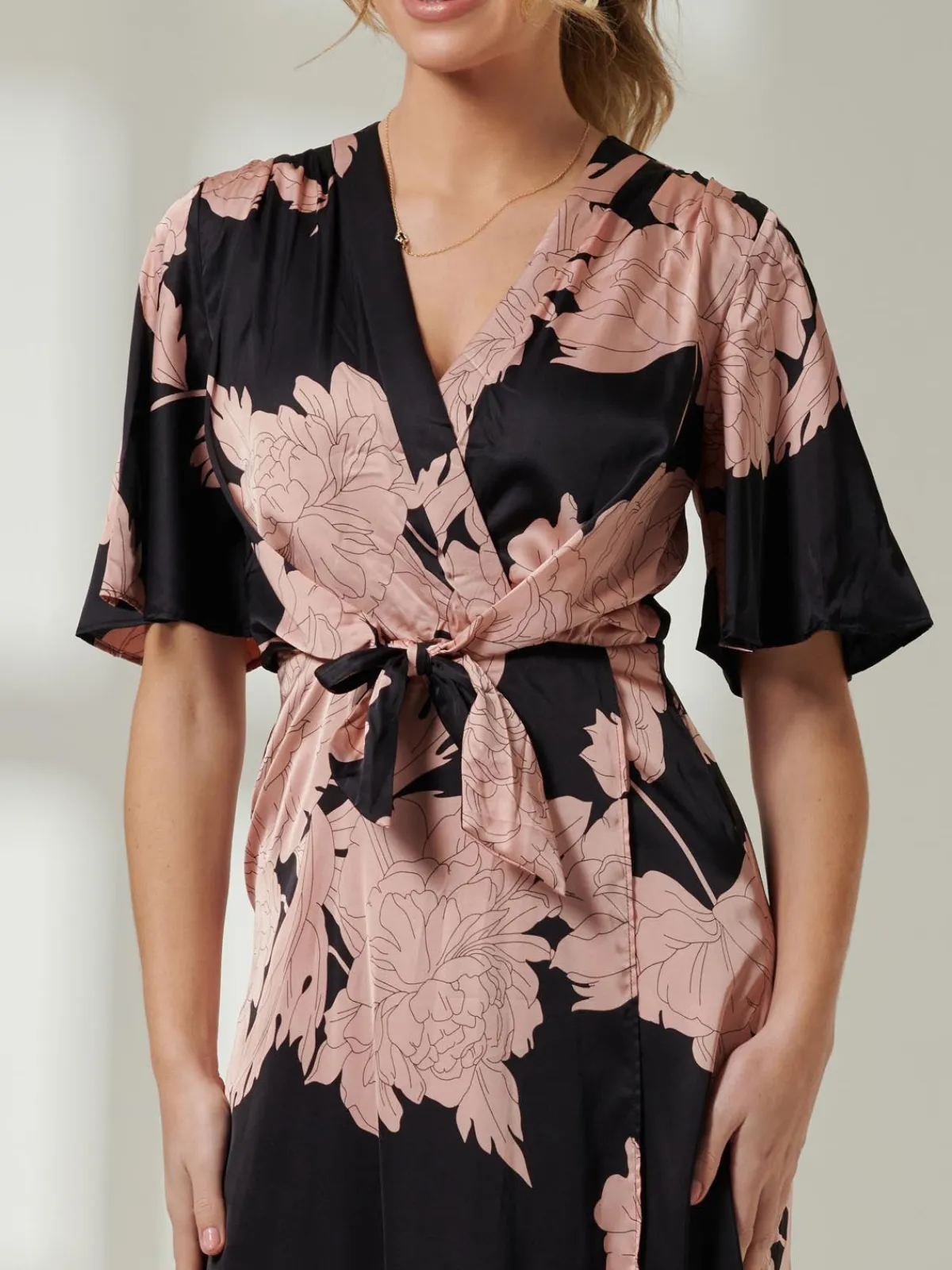 Jolie Moi Occasion Dresses|Floral Dresses-Willow Satin Wrap Tie Waist Dress, Black Pink Floral