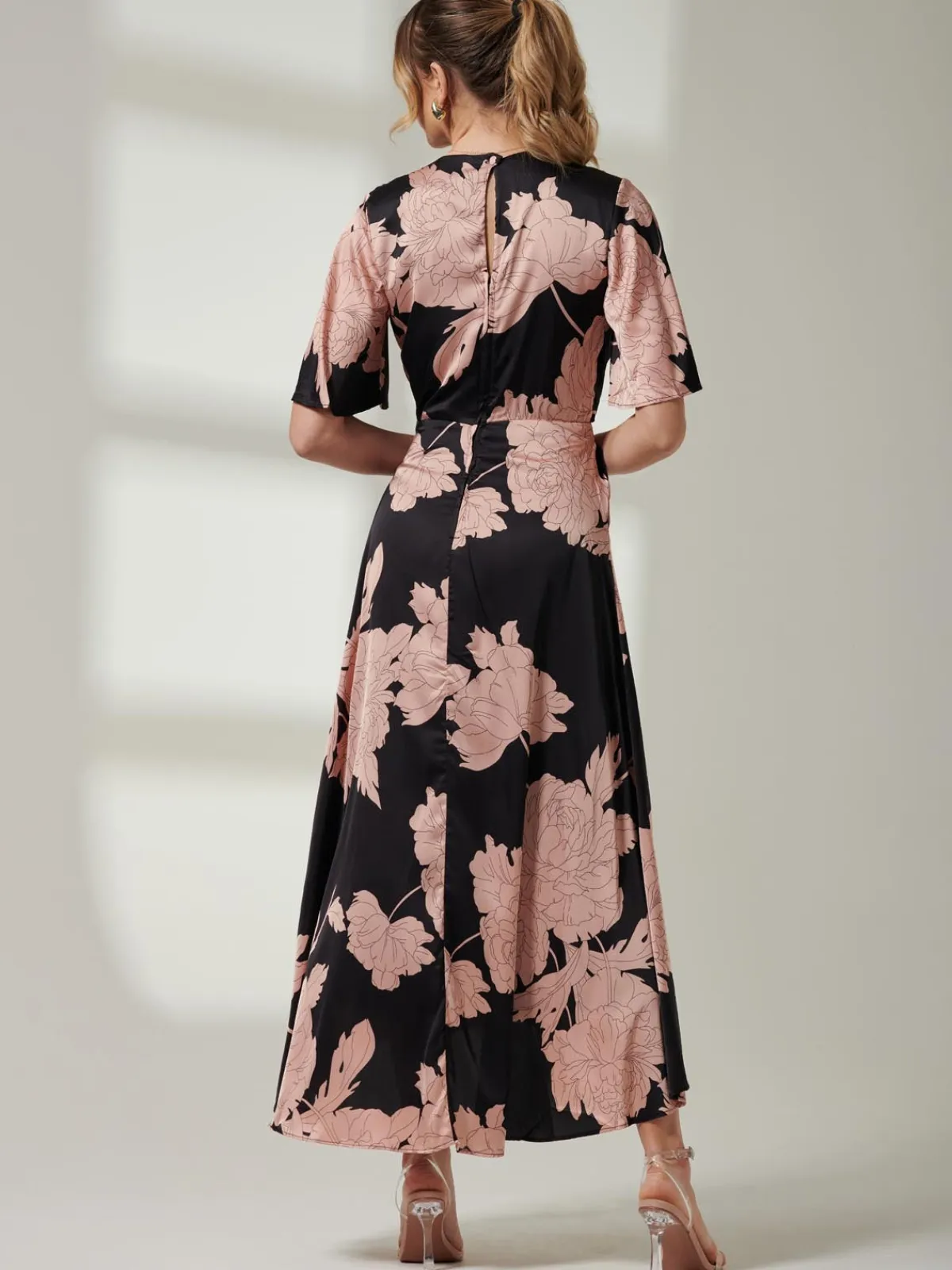 Jolie Moi Occasion Dresses|Floral Dresses-Willow Satin Wrap Tie Waist Dress, Black Pink Floral